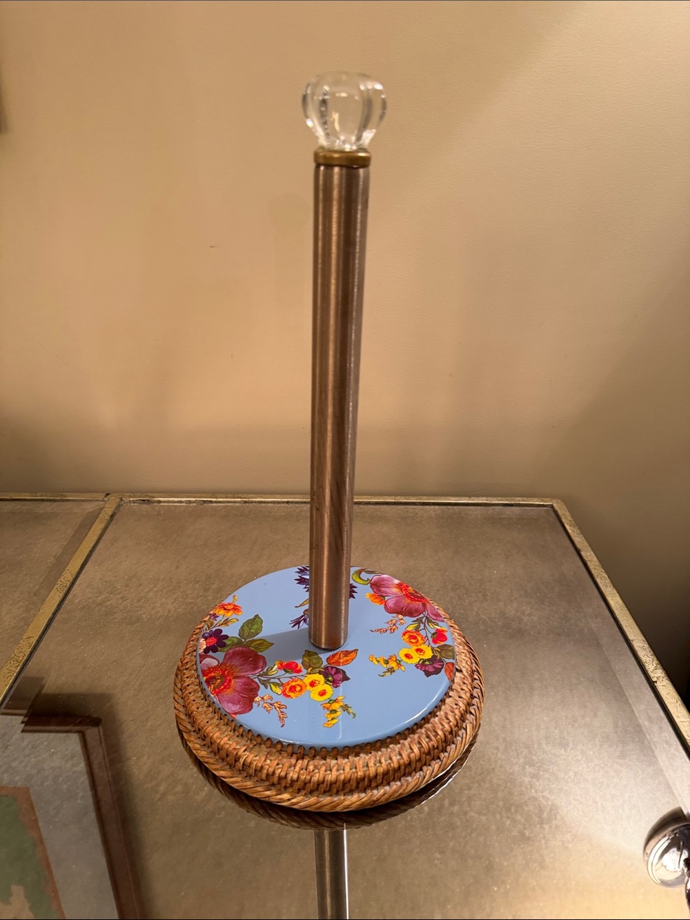 MacKenzie-Childs Blue Floral Paper Towel Stand with Woven Base and Glass Finial